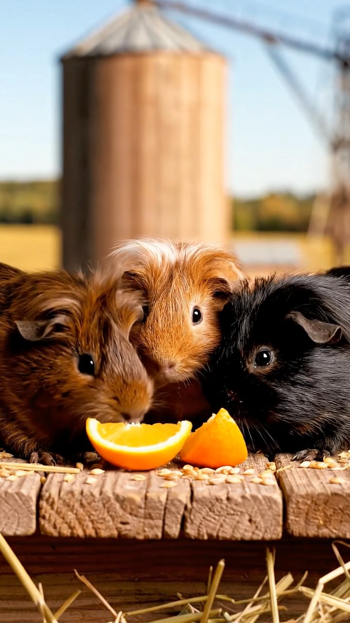 1659. Detailed photo of 3 smooth-haired White Crested guinea pigs featuring chocolate, cinnamon, and sable coats, eating orange wedges, atop a grain elevator platform.