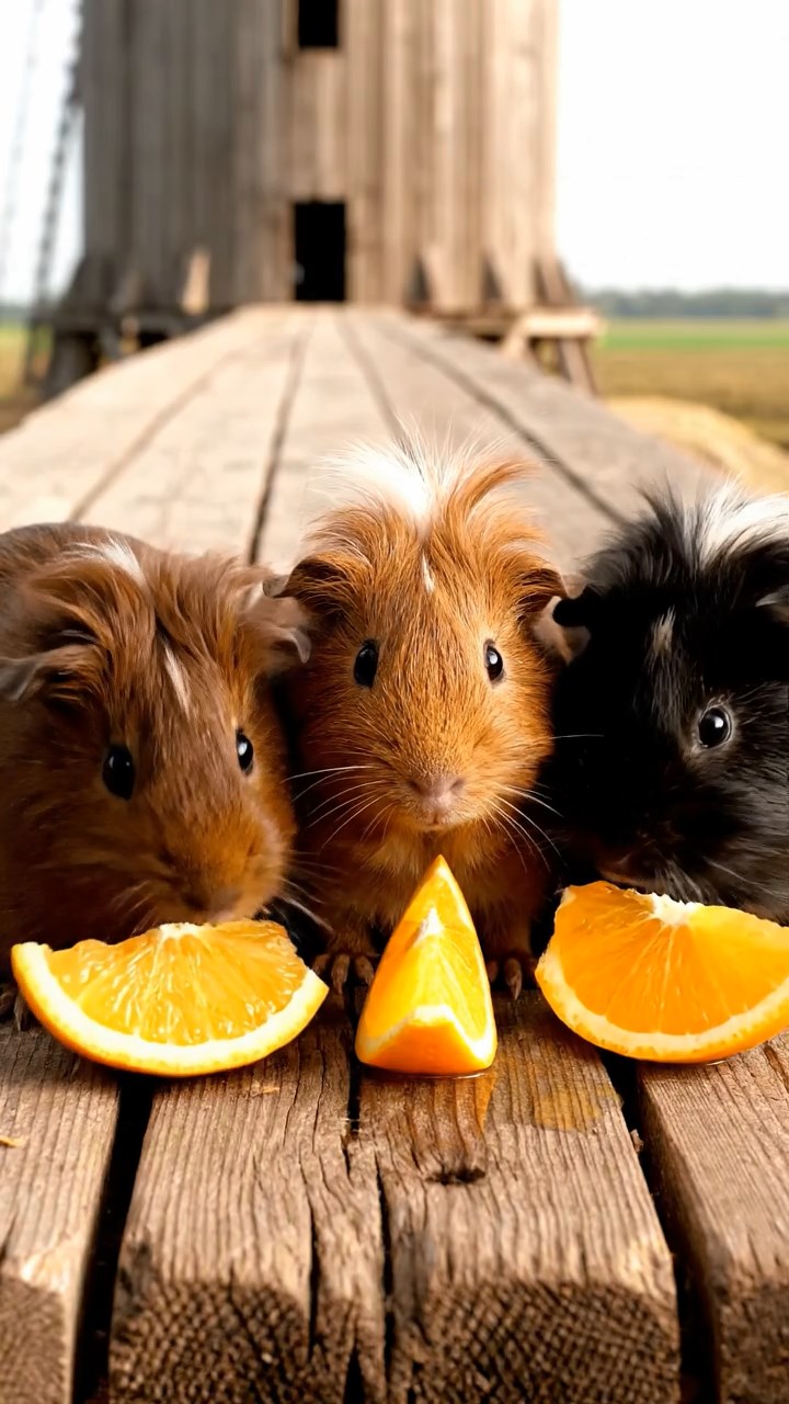 1659. Detailed photo of 3 smooth-haired White Crested guinea pigs featuring chocolate, cinnamon, and sable coats, eating orange wedges, atop a grain elevator platform.