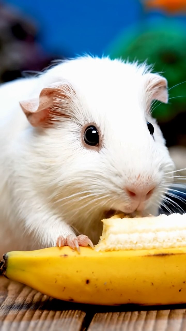1660. Photorealistic image of 1 smooth-haired Skinny guinea pig with white fur, nibbling on banana skins, beside a reef tank display with anemones.