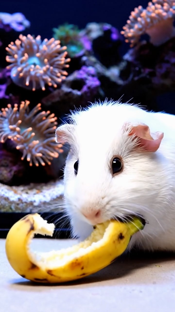 1660. Photorealistic image of 1 smooth-haired Skinny guinea pig with white fur, nibbling on banana skins, beside a reef tank display with anemones.