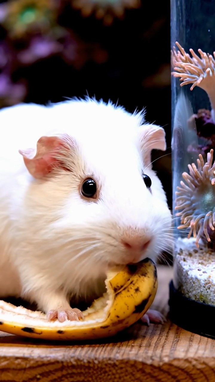 1660. Photorealistic image of 1 smooth-haired Skinny guinea pig with white fur, nibbling on banana skins, beside a reef tank display with anemones.