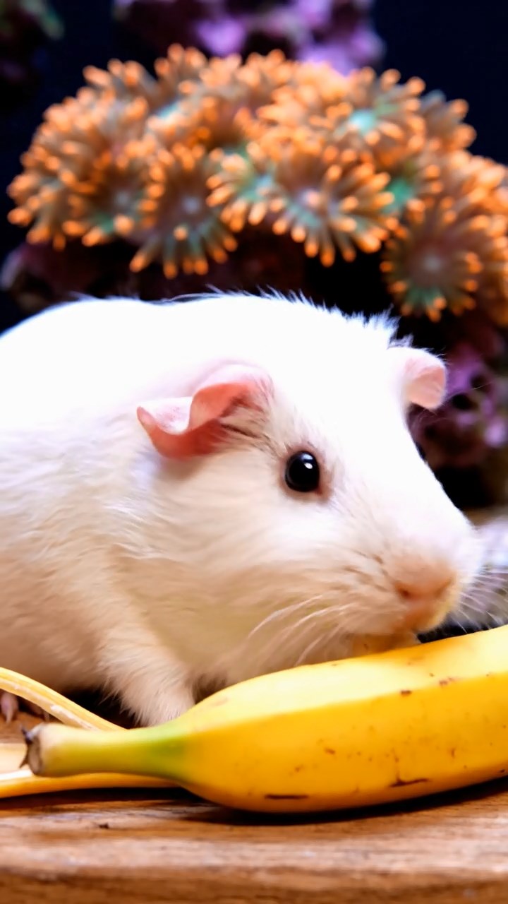 1660. Photorealistic image of 1 smooth-haired Skinny guinea pig with white fur, nibbling on banana skins, beside a reef tank display with anemones.