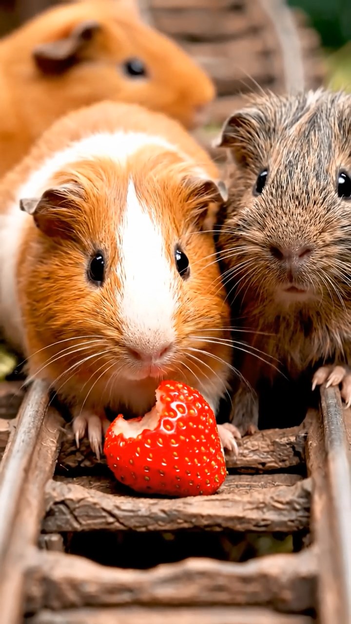 1661. Realistic scene of 4 smooth-haired American guinea pigs with orange, gray, and black fur, chewing on strawberry hulls, in a coaster queue line with rails.