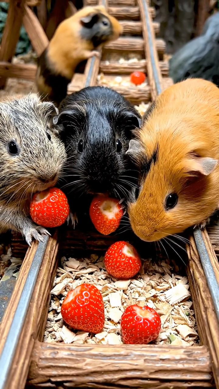 1661. Realistic scene of 4 smooth-haired American guinea pigs with orange, gray, and black fur, chewing on strawberry hulls, in a coaster queue line with rails.