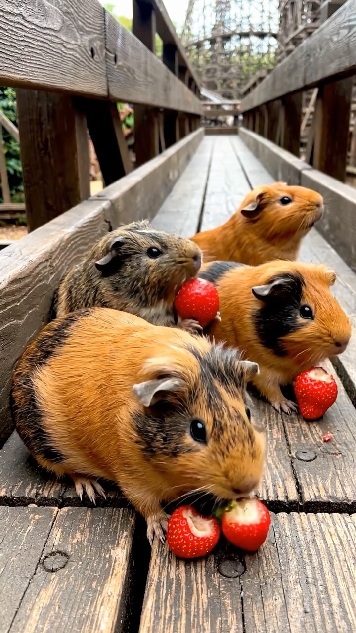 1661. Realistic scene of 4 smooth-haired American guinea pigs with orange, gray, and black fur, chewing on strawberry hulls, in a coaster queue line with rails.