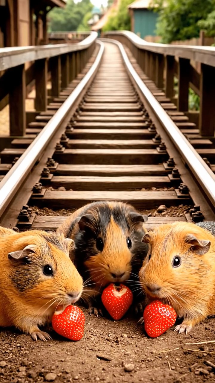 1661. Realistic scene of 4 smooth-haired American guinea pigs with orange, gray, and black fur, chewing on strawberry hulls, in a coaster queue line with rails.