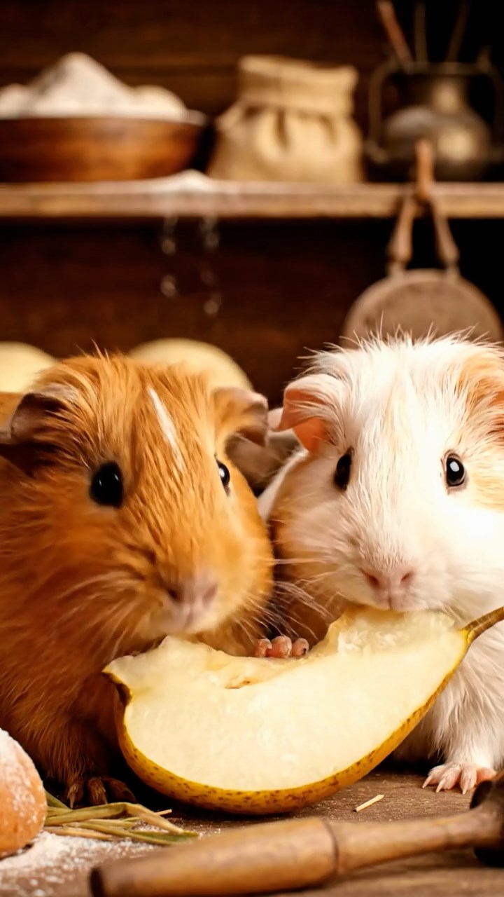 1662. Highly detailed view of 2 smooth-haired Abyssinian guinea pigs in brown and cream colors, sharing pear wedges, among bakery shelves with dough.