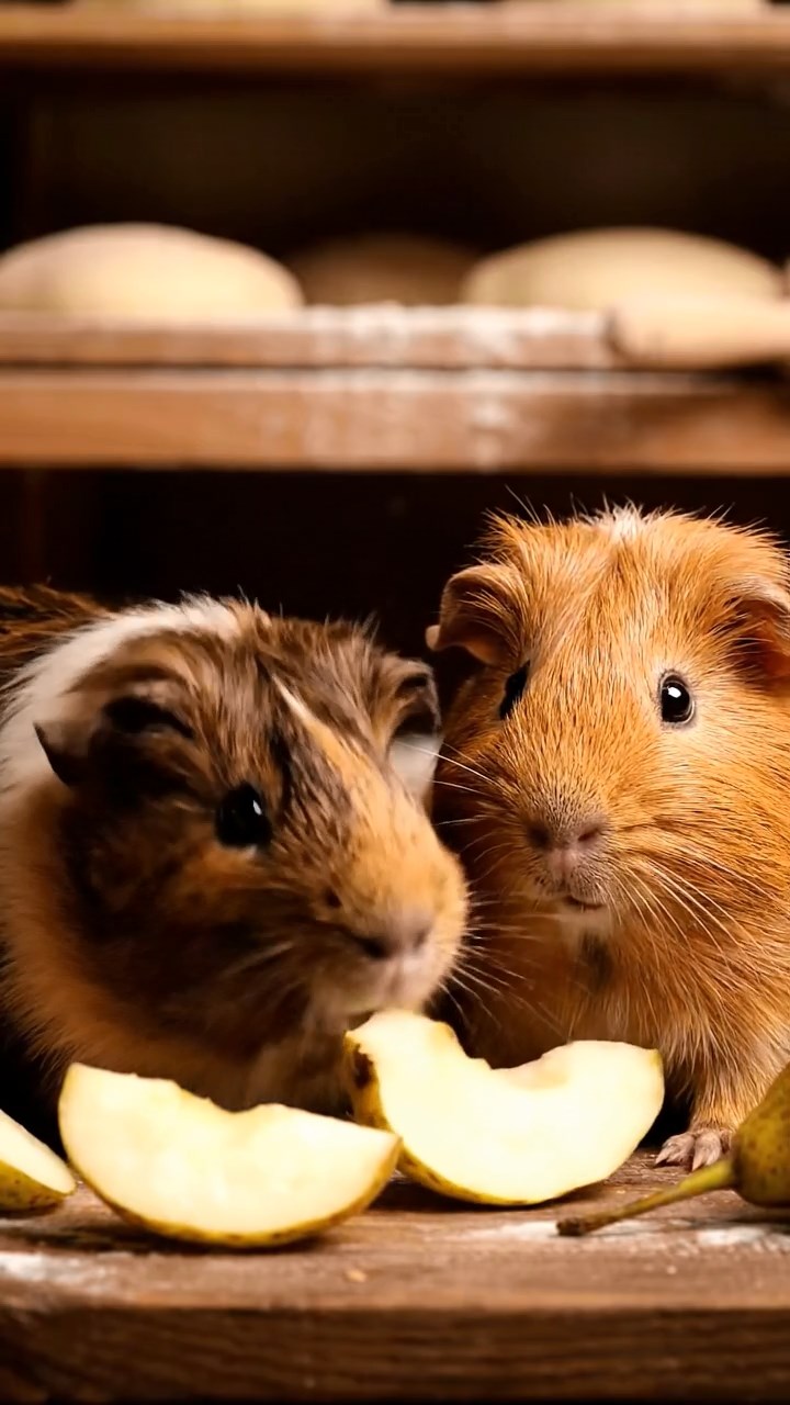 1662. Highly detailed view of 2 smooth-haired Abyssinian guinea pigs in brown and cream colors, sharing pear wedges, among bakery shelves with dough.