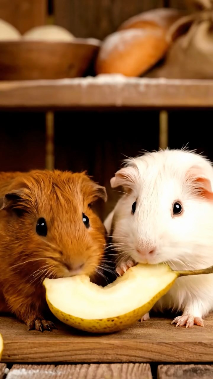 1662. Highly detailed view of 2 smooth-haired Abyssinian guinea pigs in brown and cream colors, sharing pear wedges, among bakery shelves with dough.