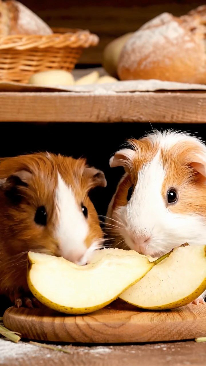 1662. Highly detailed view of 2 smooth-haired Abyssinian guinea pigs in brown and cream colors, sharing pear wedges, among bakery shelves with dough.