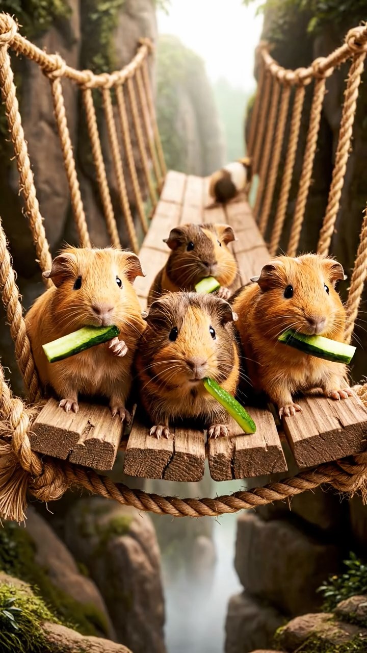 1663. Photorealistic photo of 5 smooth-haired Peruvian guinea pigs with fawn, chocolate, and cinnamon fur, munching on cucumber sticks, spanning a rope bridge over chasm.