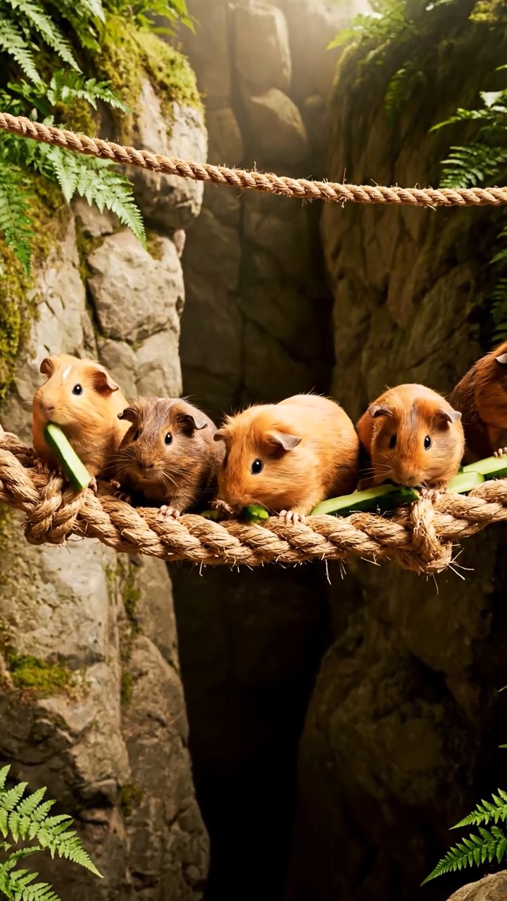 1663. Photorealistic photo of 5 smooth-haired Peruvian guinea pigs with fawn, chocolate, and cinnamon fur, munching on cucumber sticks, spanning a rope bridge over chasm.