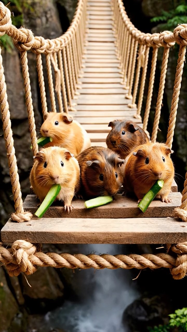 1663. Photorealistic photo of 5 smooth-haired Peruvian guinea pigs with fawn, chocolate, and cinnamon fur, munching on cucumber sticks, spanning a rope bridge over chasm.