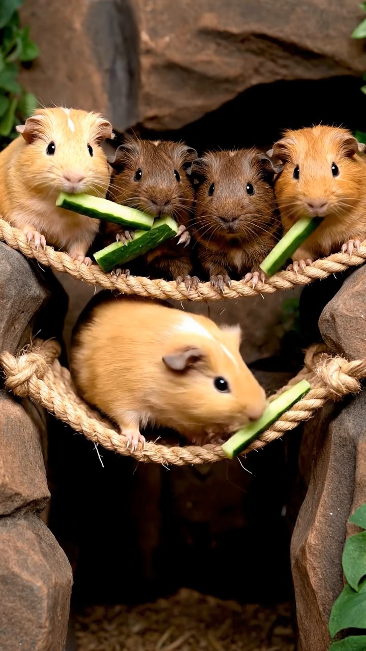 1663. Photorealistic photo of 5 smooth-haired Peruvian guinea pigs with fawn, chocolate, and cinnamon fur, munching on cucumber sticks, spanning a rope bridge over chasm.