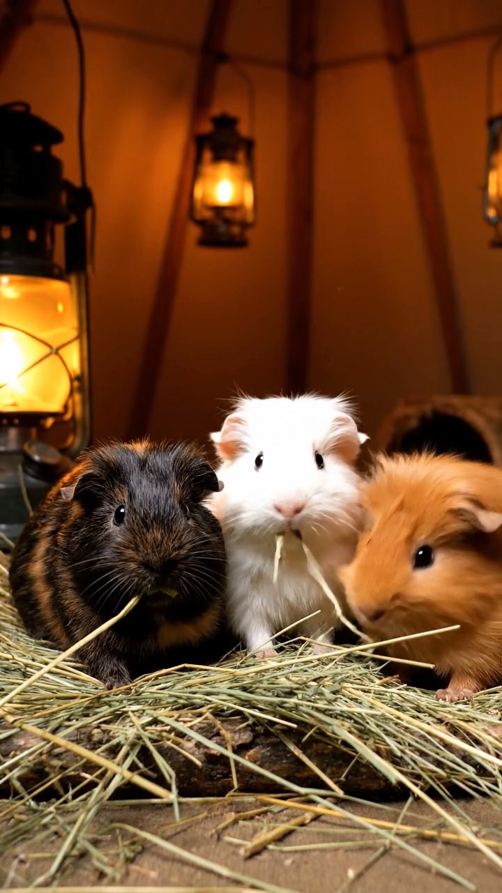 1664. Realistic depiction of 3 smooth-haired Silkie guinea pigs with sable, white, and orange fur, eating timothy hay strands, inside a lodge tent with lanterns.