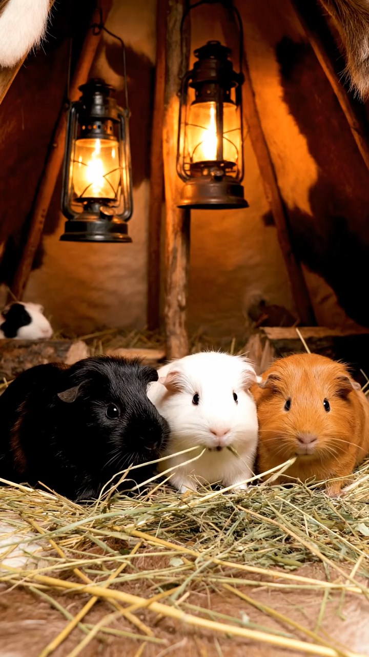 1664. Realistic depiction of 3 smooth-haired Silkie guinea pigs with sable, white, and orange fur, eating timothy hay strands, inside a lodge tent with lanterns.