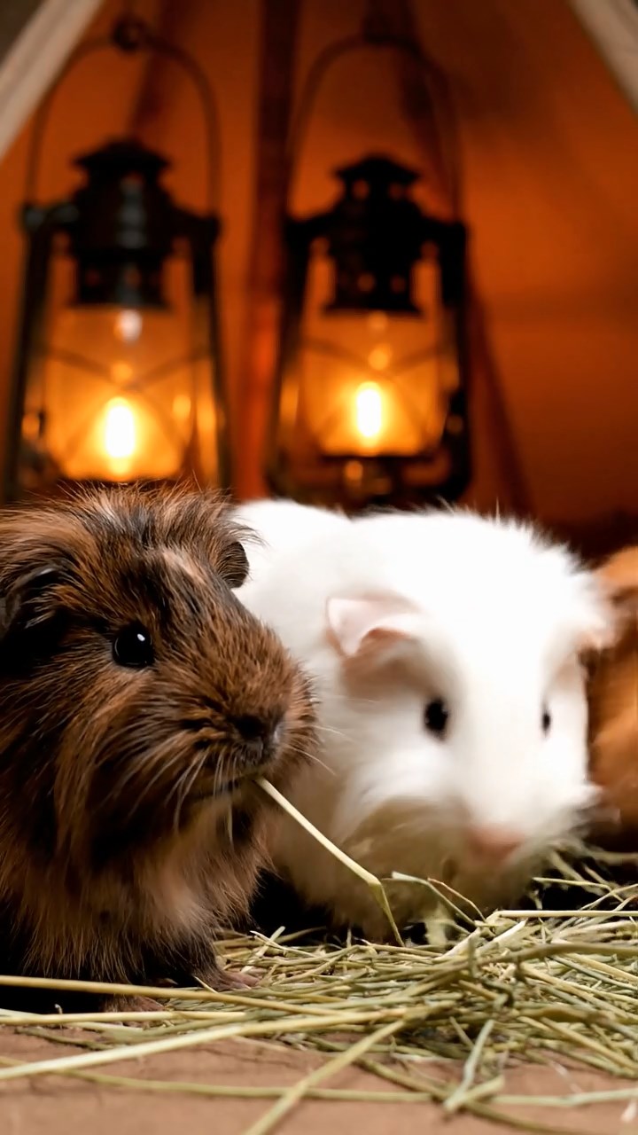 1664. Realistic depiction of 3 smooth-haired Silkie guinea pigs with sable, white, and orange fur, eating timothy hay strands, inside a lodge tent with lanterns.