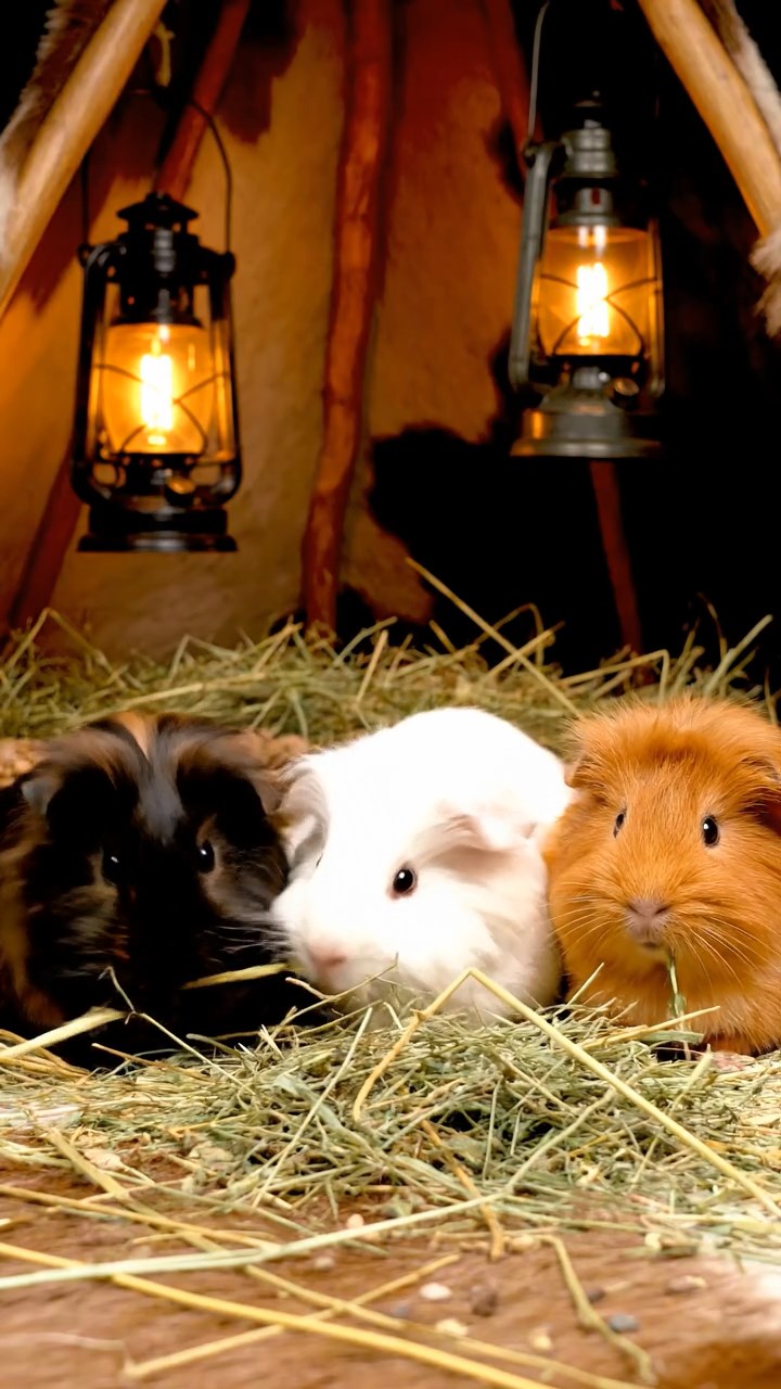 1664. Realistic depiction of 3 smooth-haired Silkie guinea pigs with sable, white, and orange fur, eating timothy hay strands, inside a lodge tent with lanterns.