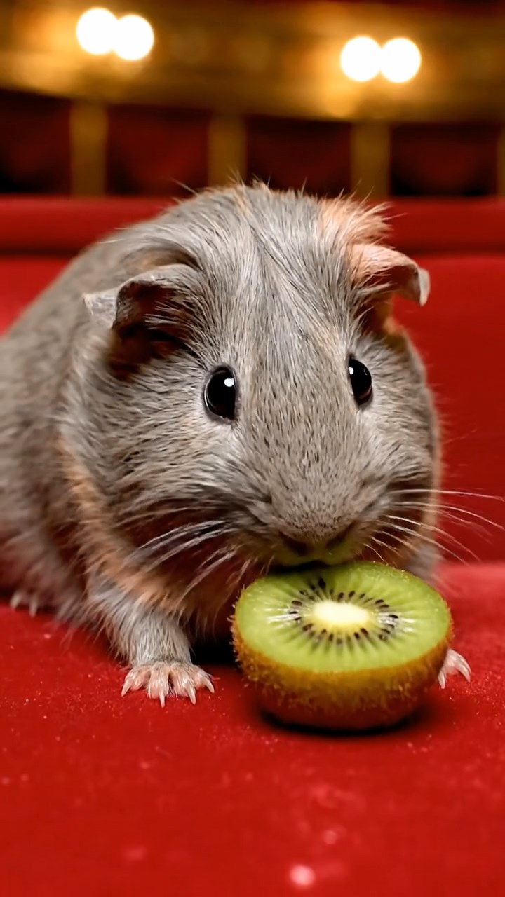 1665. Detailed image of 1 smooth-haired Teddy guinea pig with gray fur, nibbling on kiwi halves, on a opera box velvet seat.