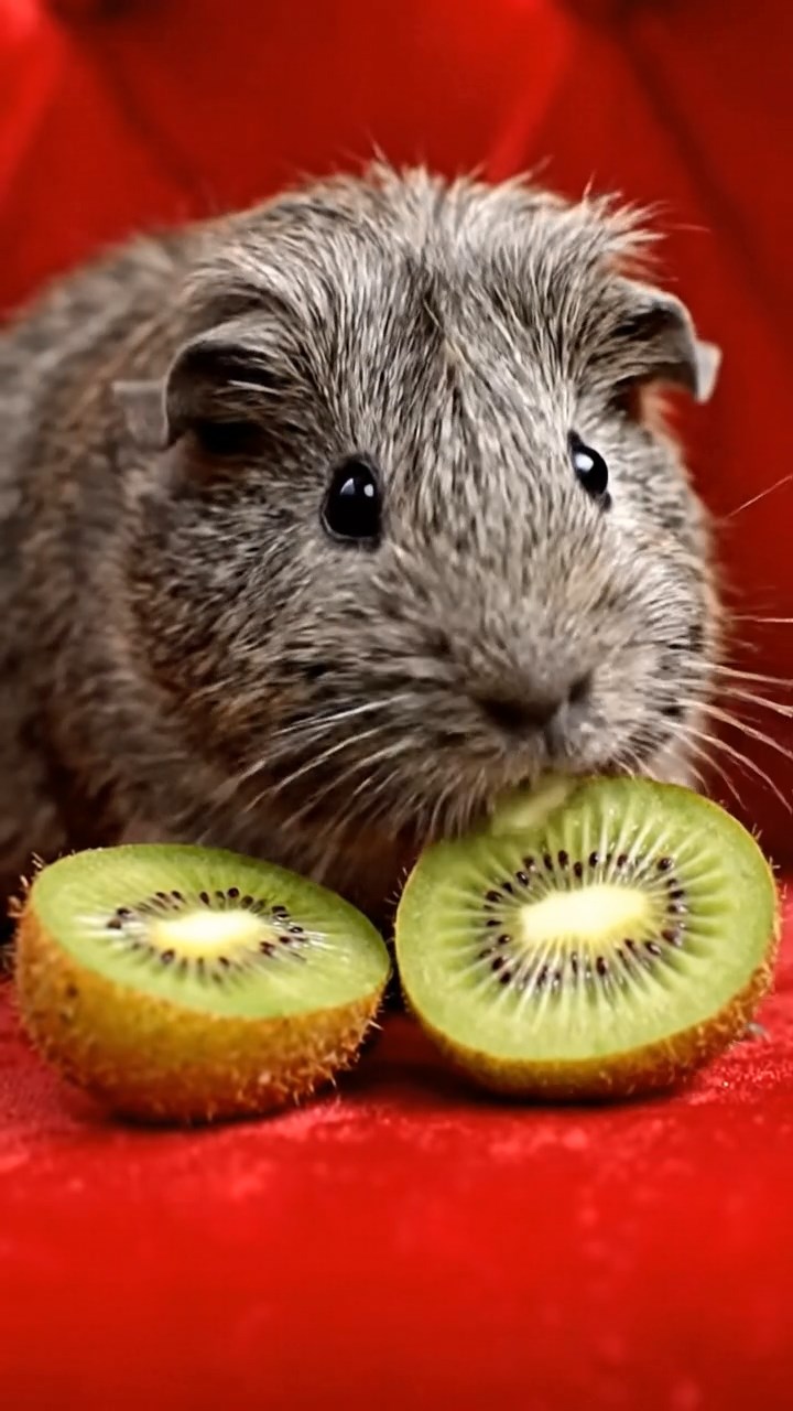 1665. Detailed image of 1 smooth-haired Teddy guinea pig with gray fur, nibbling on kiwi halves, on a opera box velvet seat.