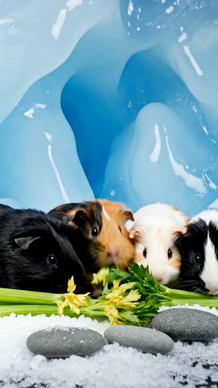 1666. Photorealistic scene of 4 smooth-haired Texel guinea pigs featuring black, brown, and cream coats, chewing on celery bunches, within a icy polar grotto.