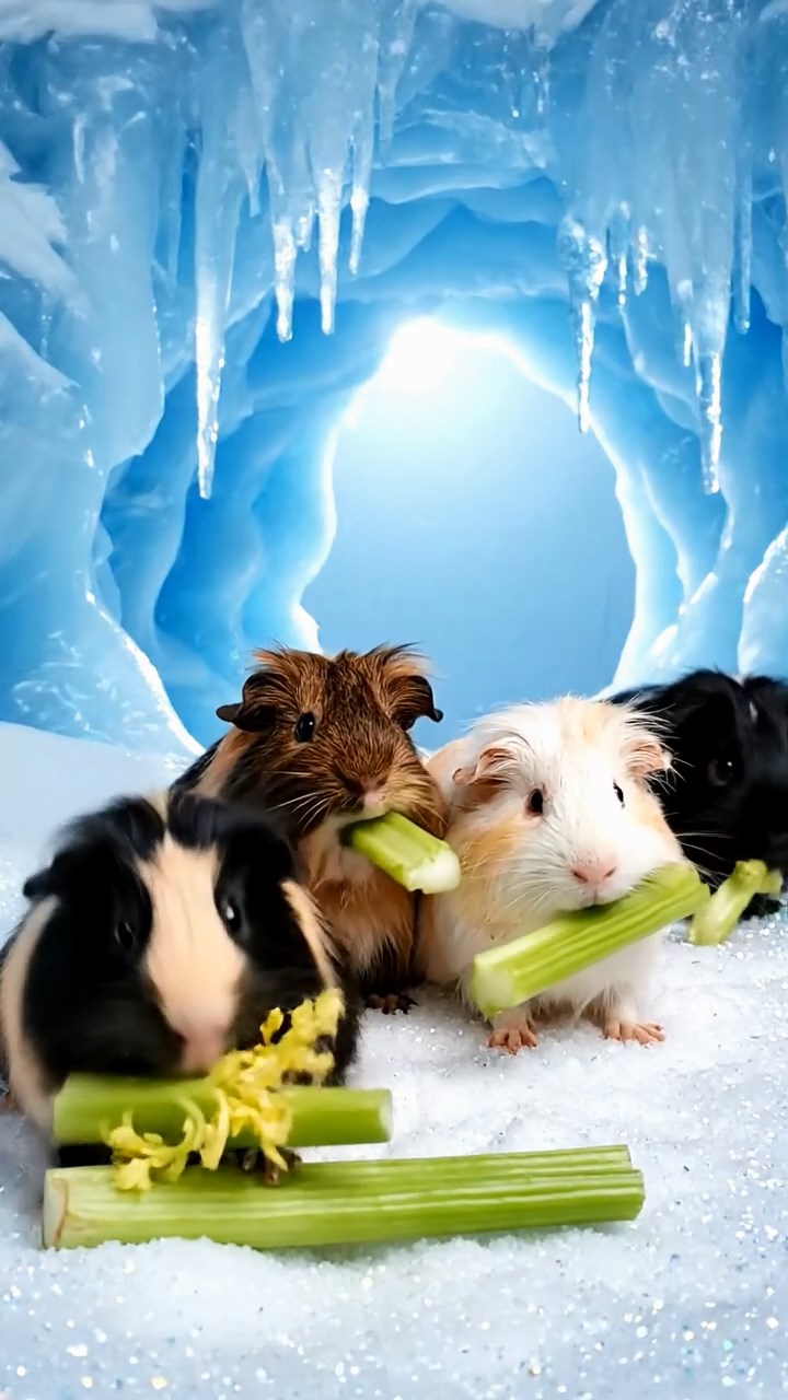1666. Photorealistic scene of 4 smooth-haired Texel guinea pigs featuring black, brown, and cream coats, chewing on celery bunches, within a icy polar grotto.