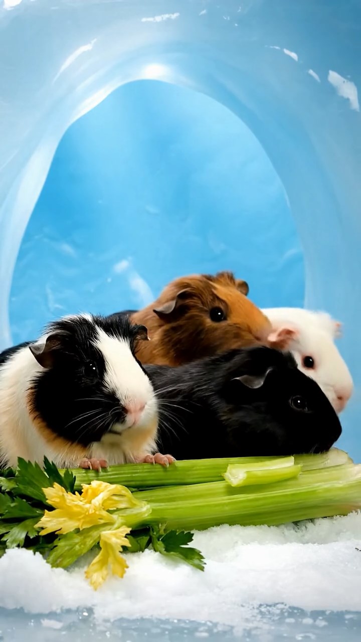 1666. Photorealistic scene of 4 smooth-haired Texel guinea pigs featuring black, brown, and cream coats, chewing on celery bunches, within a icy polar grotto.