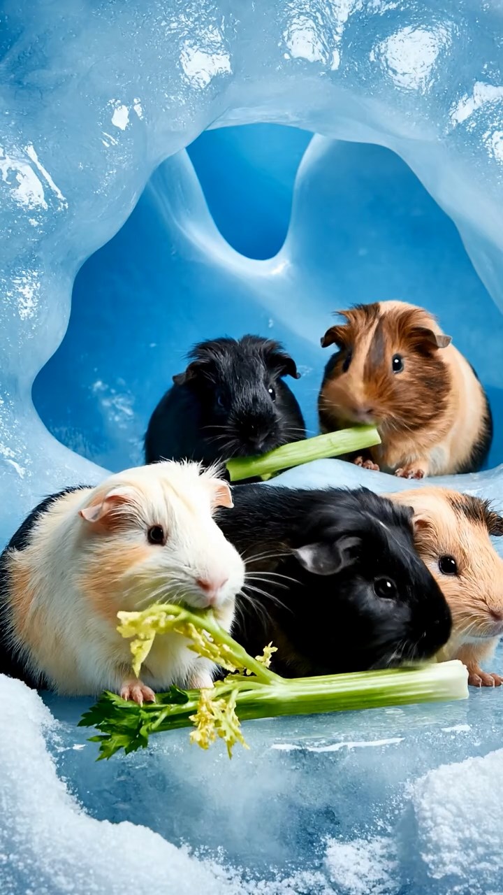 1666. Photorealistic scene of 4 smooth-haired Texel guinea pigs featuring black, brown, and cream coats, chewing on celery bunches, within a icy polar grotto.