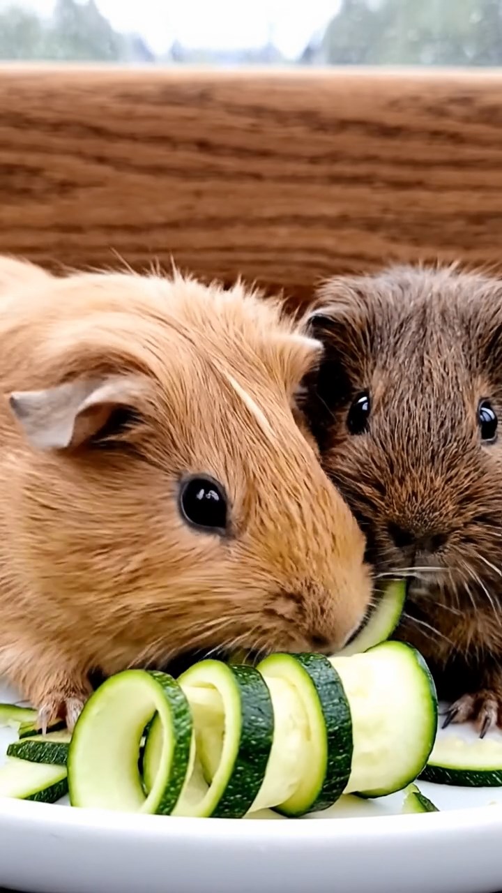 1667. Realistic photo of 2 smooth-haired Rex guinea pigs with fawn and chocolate fur, sharing zucchini spirals, in a gondola lift pod ascending.