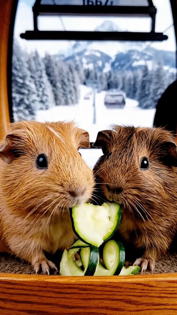 1667. Realistic photo of 2 smooth-haired Rex guinea pigs with fawn and chocolate fur, sharing zucchini spirals, in a gondola lift pod ascending.