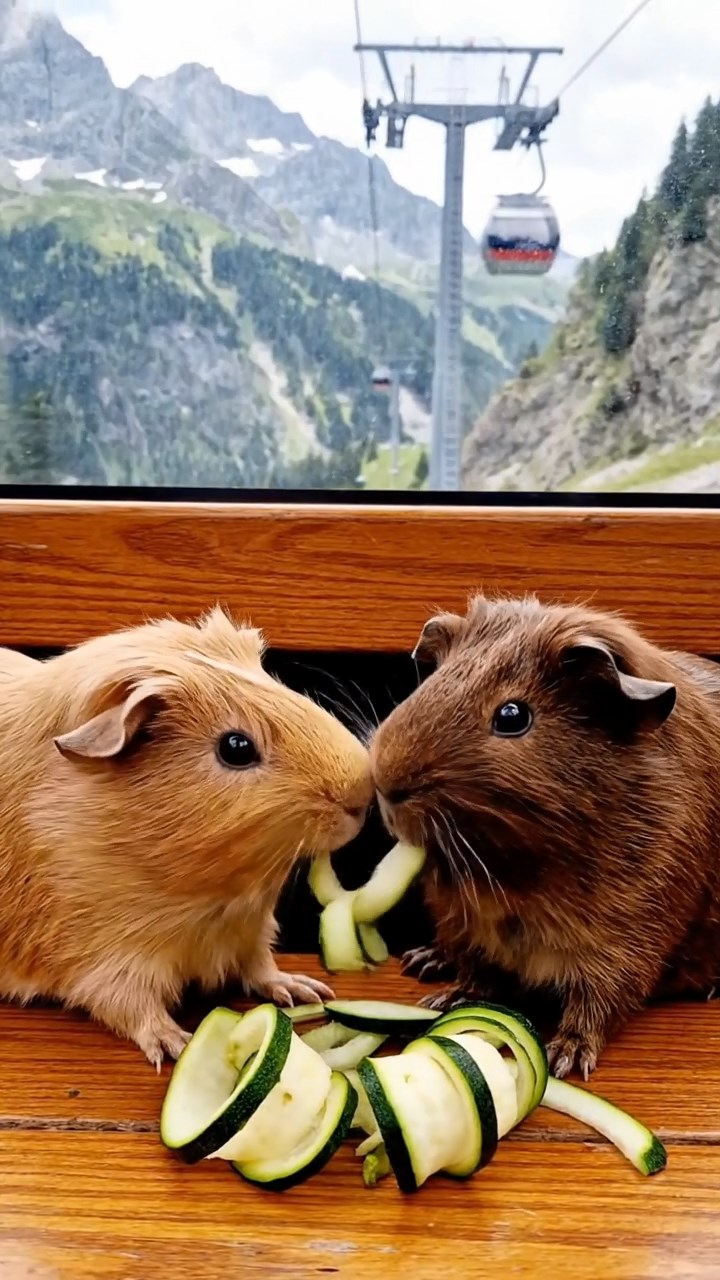 1667. Realistic photo of 2 smooth-haired Rex guinea pigs with fawn and chocolate fur, sharing zucchini spirals, in a gondola lift pod ascending.