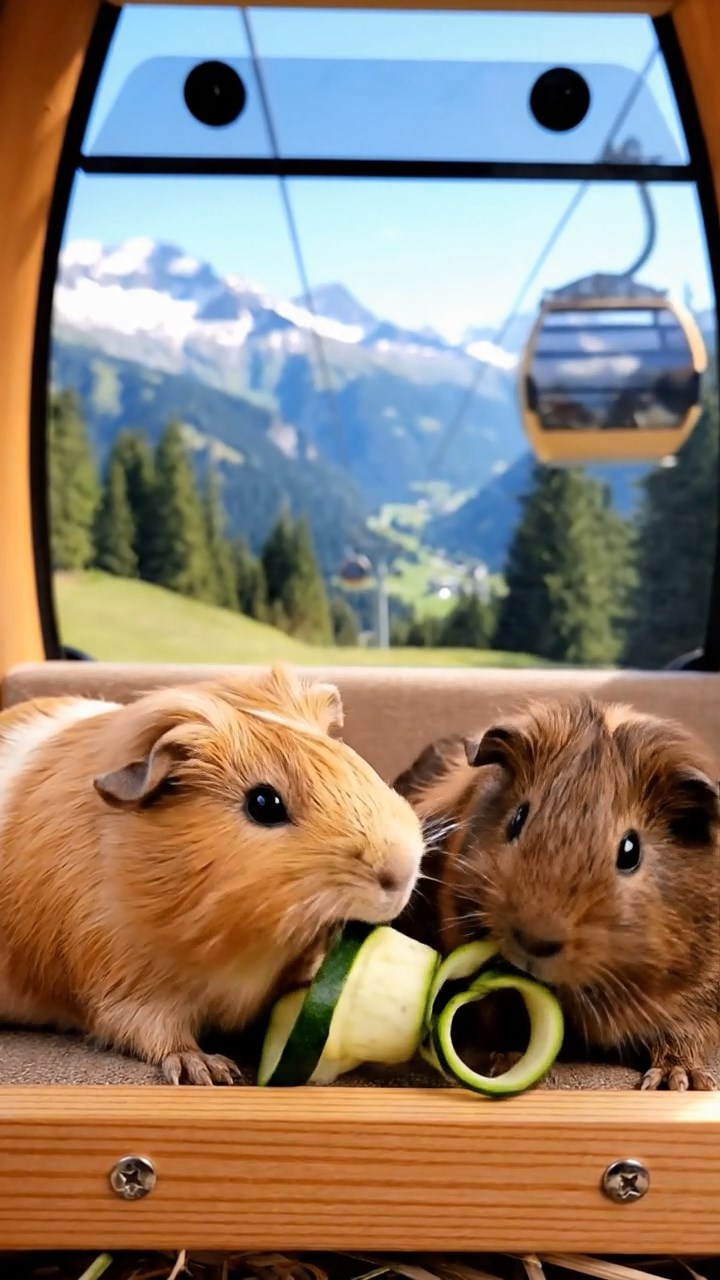 1667. Realistic photo of 2 smooth-haired Rex guinea pigs with fawn and chocolate fur, sharing zucchini spirals, in a gondola lift pod ascending.