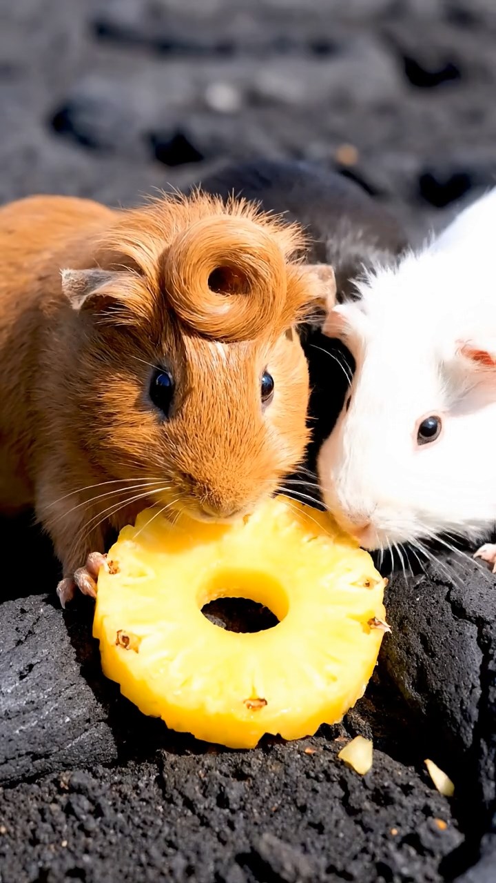 1668. Highly detailed view of 3 smooth-haired Coronet guinea pigs in cinnamon, sable, and white colors, munching on pineapple rings, along a lava trail path.