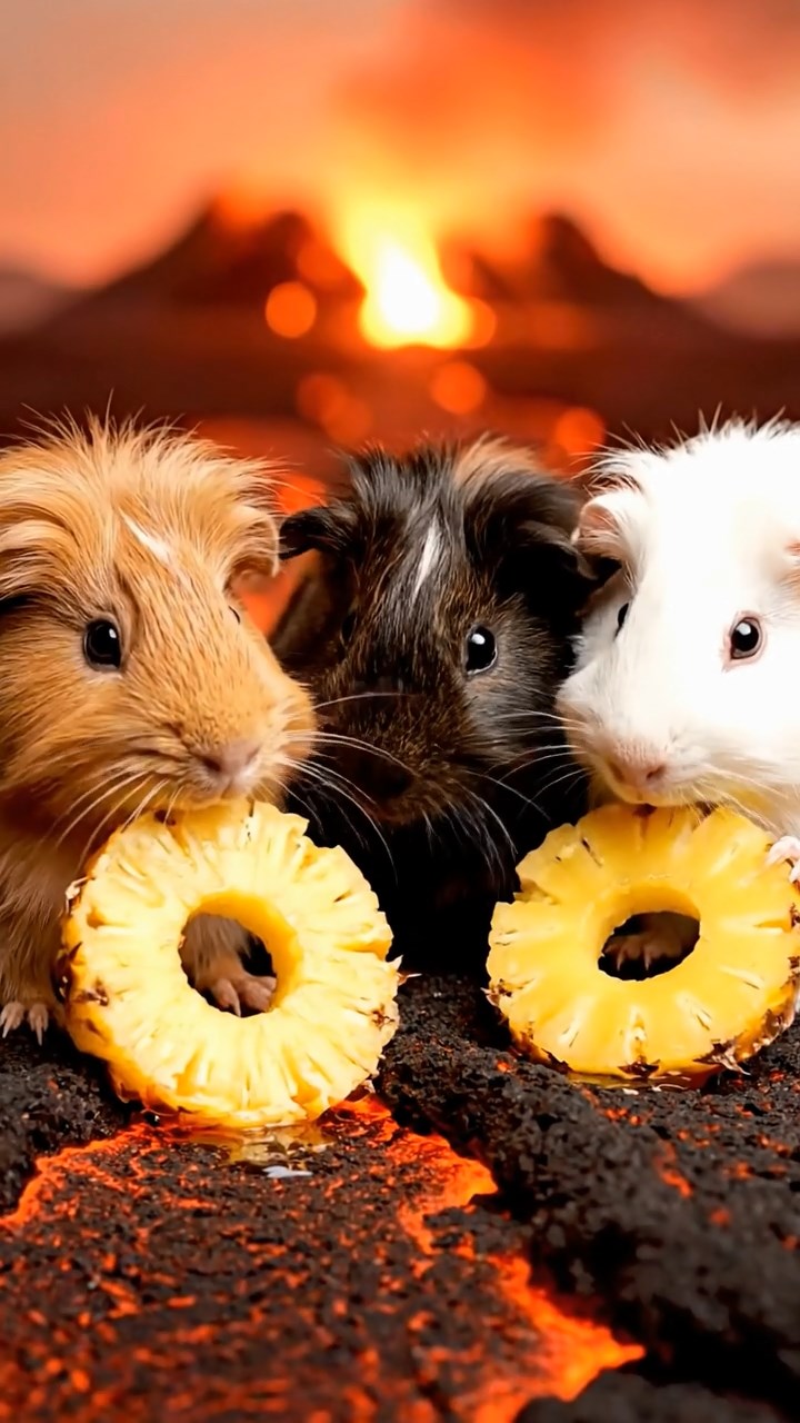 1668. Highly detailed view of 3 smooth-haired Coronet guinea pigs in cinnamon, sable, and white colors, munching on pineapple rings, along a lava trail path.
