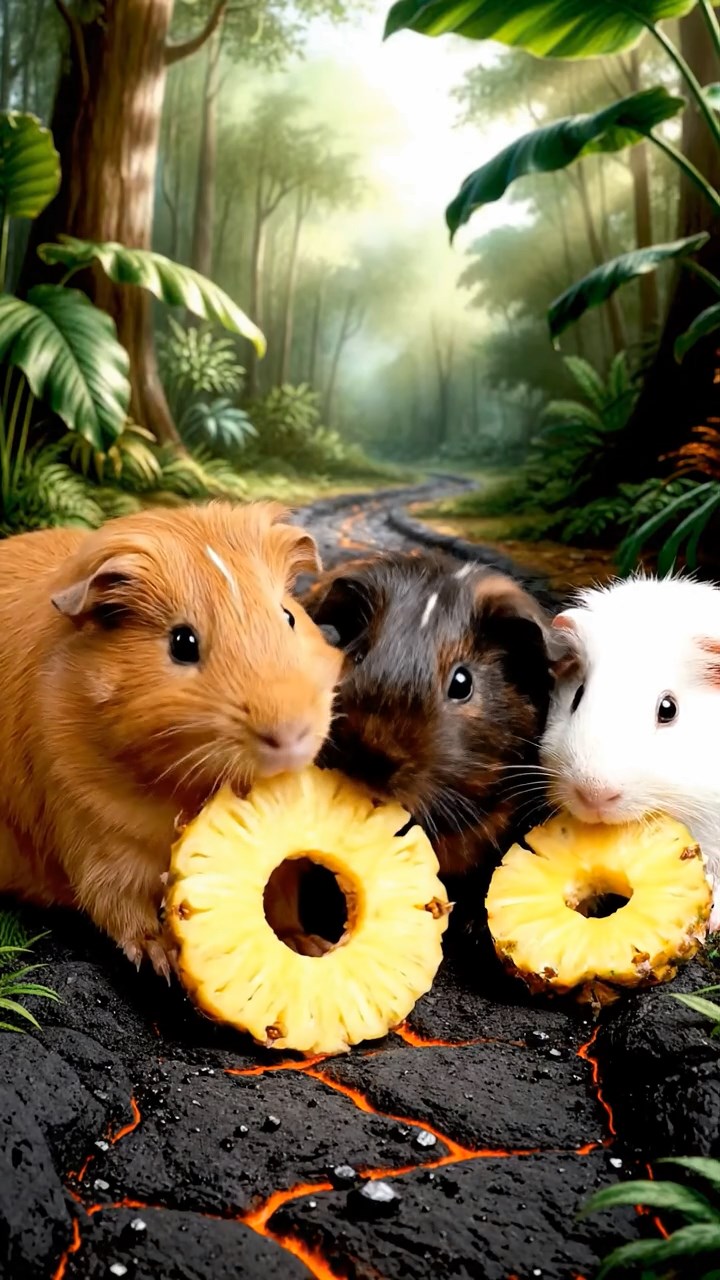 1668. Highly detailed view of 3 smooth-haired Coronet guinea pigs in cinnamon, sable, and white colors, munching on pineapple rings, along a lava trail path.