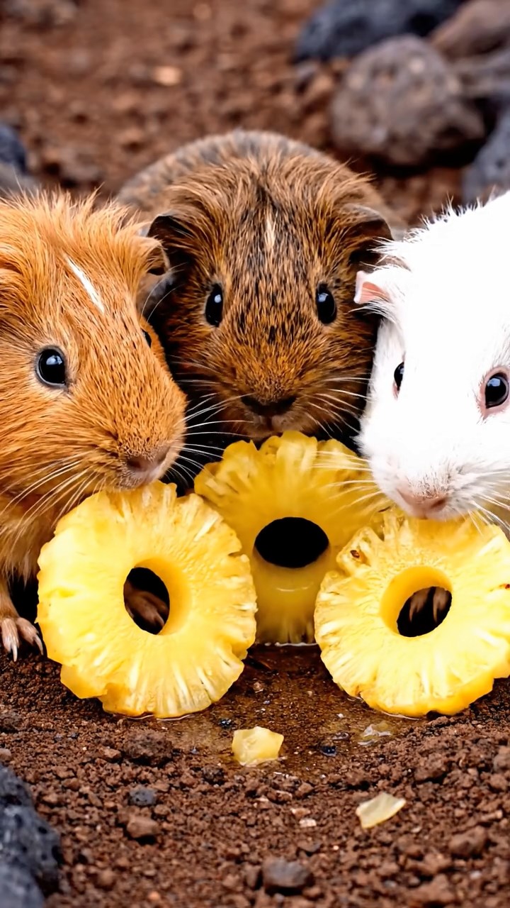 1668. Highly detailed view of 3 smooth-haired Coronet guinea pigs in cinnamon, sable, and white colors, munching on pineapple rings, along a lava trail path.