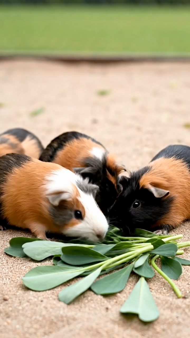 1669. Photorealistic image of 5 smooth-haired White Crested guinea pigs with orange, gray, and black fur, eating alfalfa leaves, on a sandy net court.