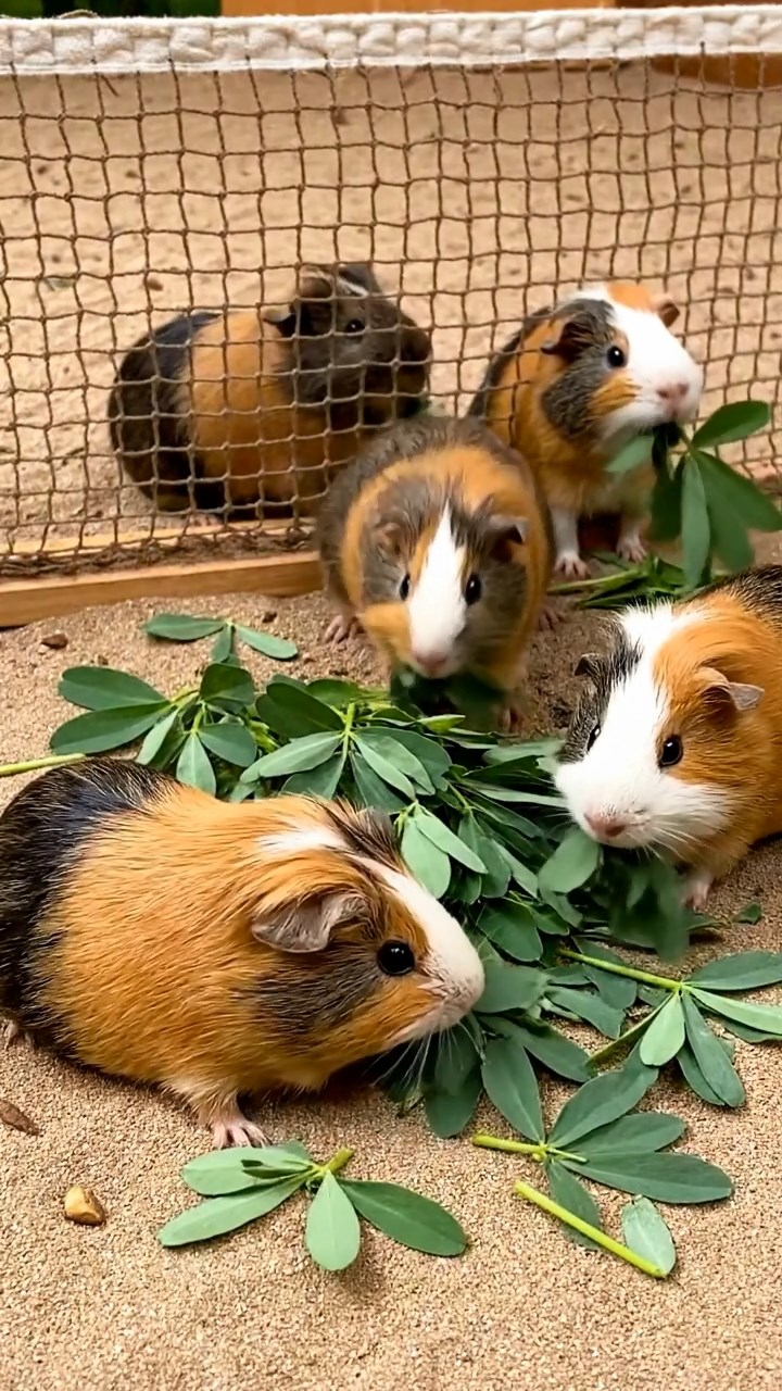 1669. Photorealistic image of 5 smooth-haired White Crested guinea pigs with orange, gray, and black fur, eating alfalfa leaves, on a sandy net court.