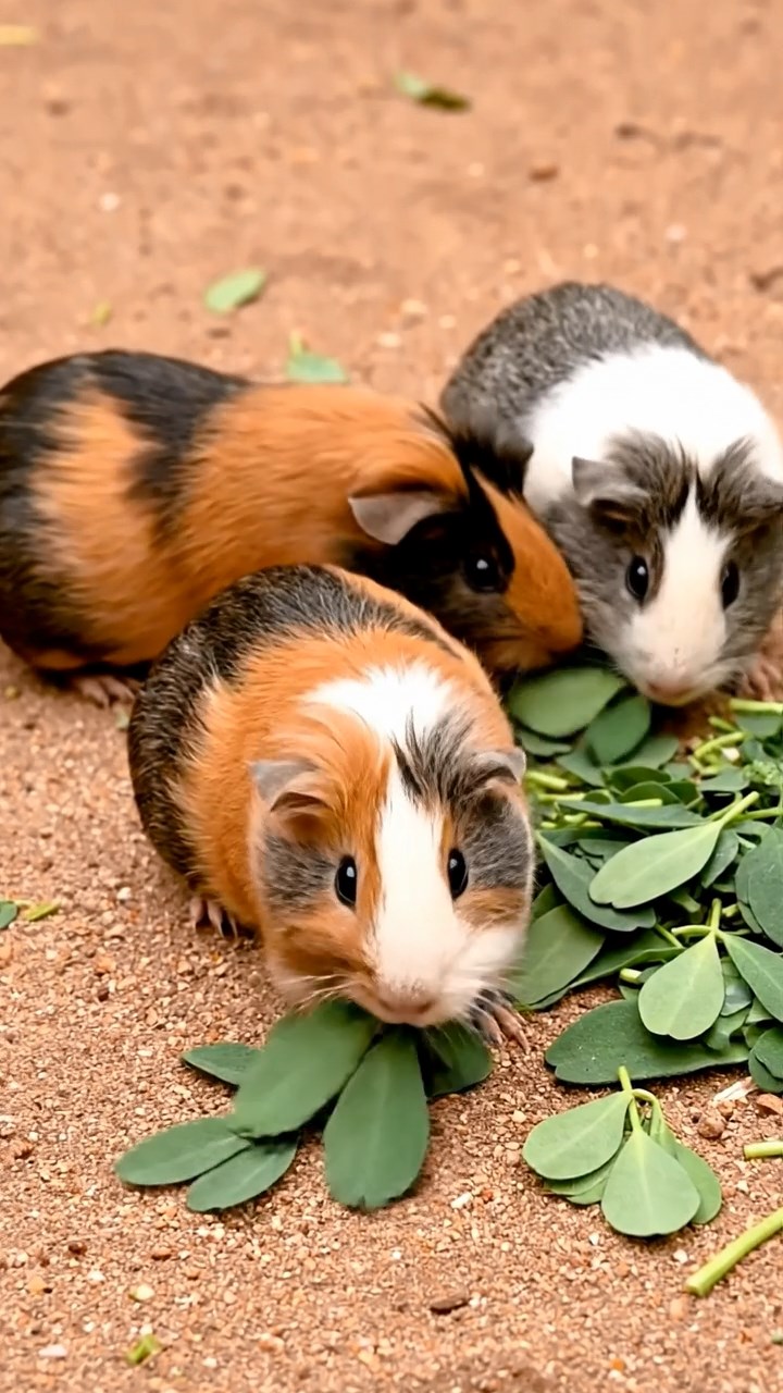 1669. Photorealistic image of 5 smooth-haired White Crested guinea pigs with orange, gray, and black fur, eating alfalfa leaves, on a sandy net court.