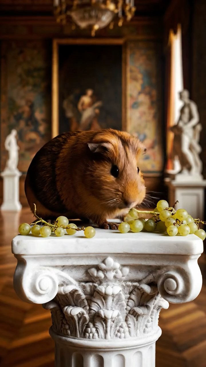 1670. Realistic depiction of 1 smooth-haired Skinny guinea pig with brown fur, nibbling on grape stems, atop a sculpture pedestal in gallery.