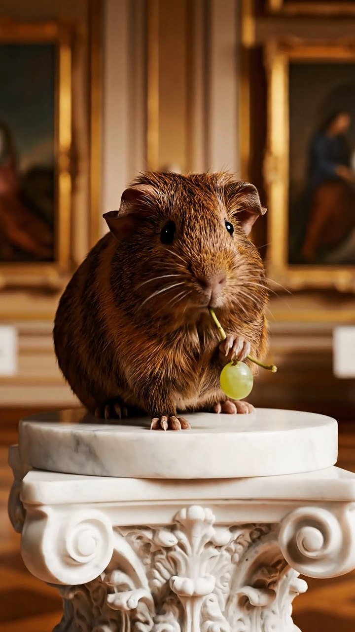 1670. Realistic depiction of 1 smooth-haired Skinny guinea pig with brown fur, nibbling on grape stems, atop a sculpture pedestal in gallery.