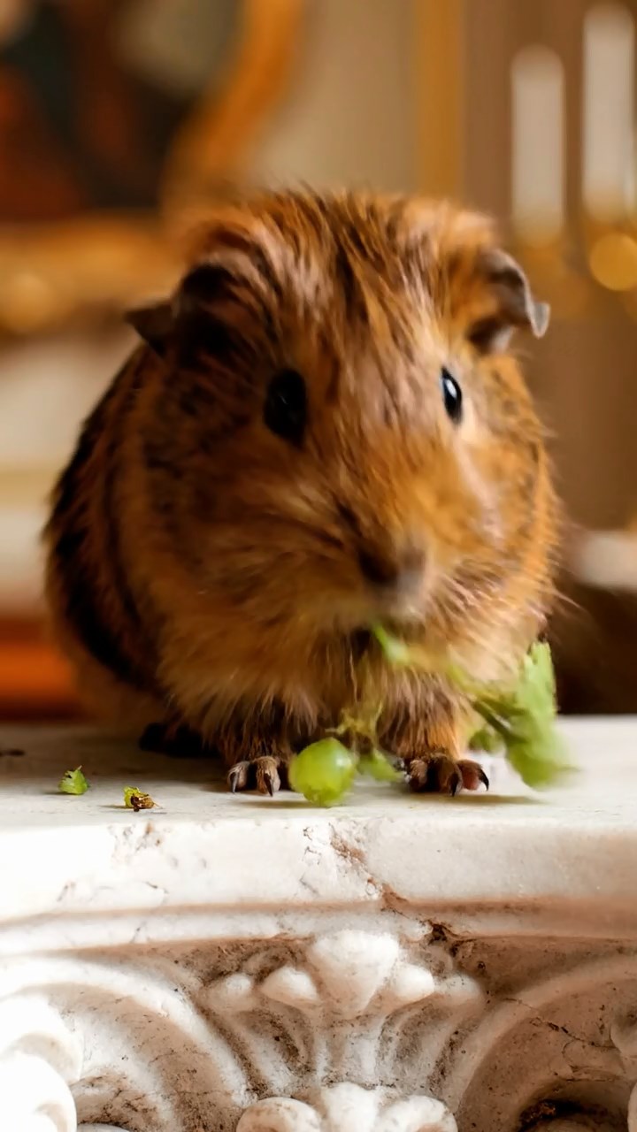 1670. Realistic depiction of 1 smooth-haired Skinny guinea pig with brown fur, nibbling on grape stems, atop a sculpture pedestal in gallery.