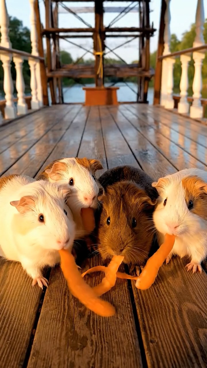 1671. Detailed scene of 4 smooth-haired American guinea pigs featuring cream, fawn, and chocolate coats, chewing on carrot peels, on a paddlewheeler upper deck.