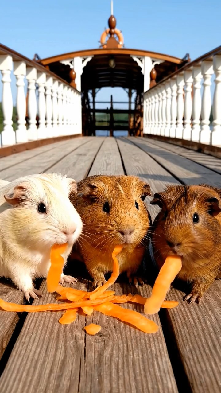 1671. Detailed scene of 4 smooth-haired American guinea pigs featuring cream, fawn, and chocolate coats, chewing on carrot peels, on a paddlewheeler upper deck.