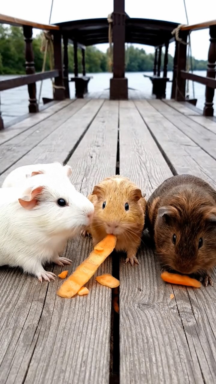 1671. Detailed scene of 4 smooth-haired American guinea pigs featuring cream, fawn, and chocolate coats, chewing on carrot peels, on a paddlewheeler upper deck.