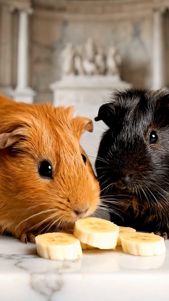 1672. Photorealistic photo of 2 smooth-haired Abyssinian guinea pigs with cinnamon and sable fur, sharing banana slices, inside a marbled monument interior.