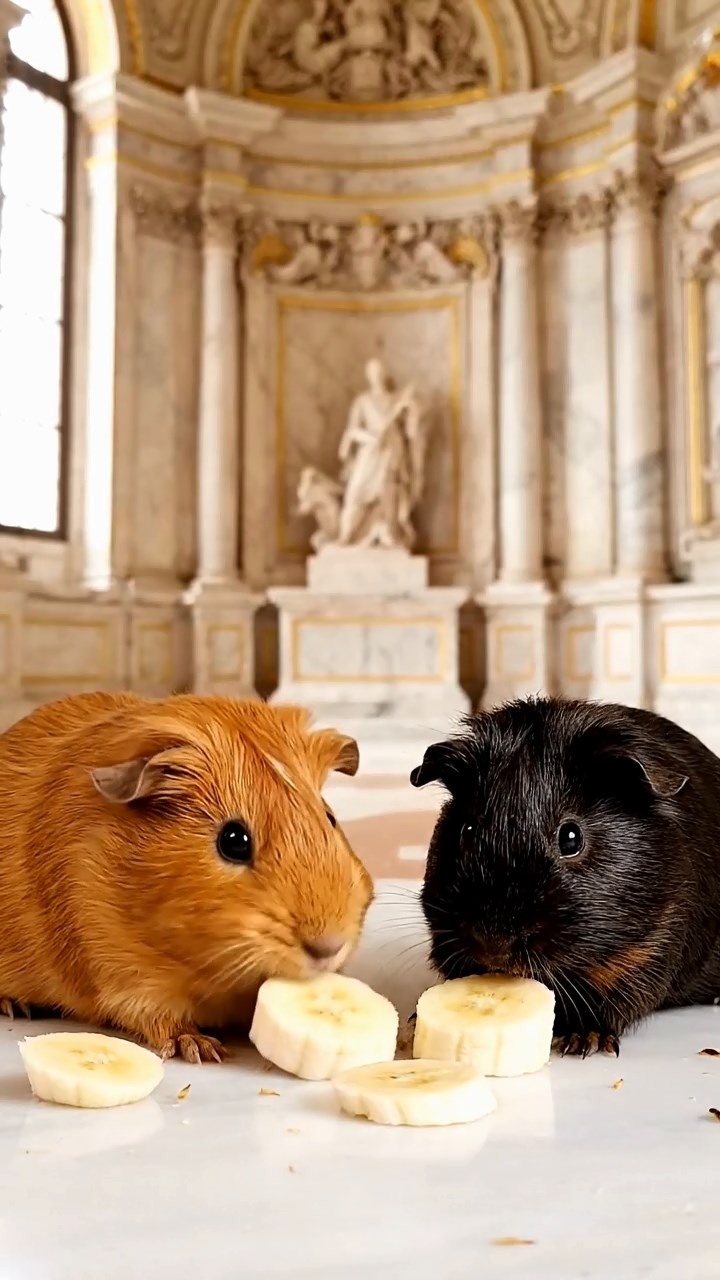 1672. Photorealistic photo of 2 smooth-haired Abyssinian guinea pigs with cinnamon and sable fur, sharing banana slices, inside a marbled monument interior.