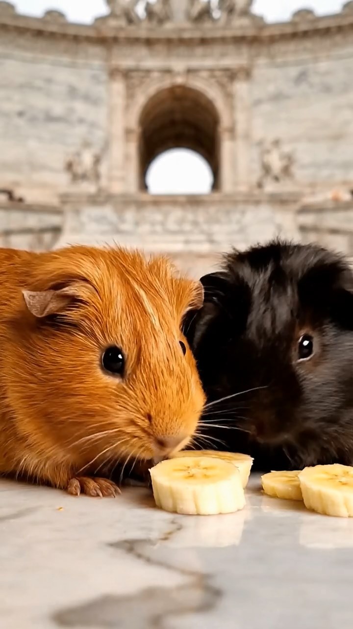 1672. Photorealistic photo of 2 smooth-haired Abyssinian guinea pigs with cinnamon and sable fur, sharing banana slices, inside a marbled monument interior.