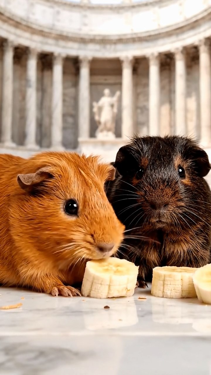 1672. Photorealistic photo of 2 smooth-haired Abyssinian guinea pigs with cinnamon and sable fur, sharing banana slices, inside a marbled monument interior.