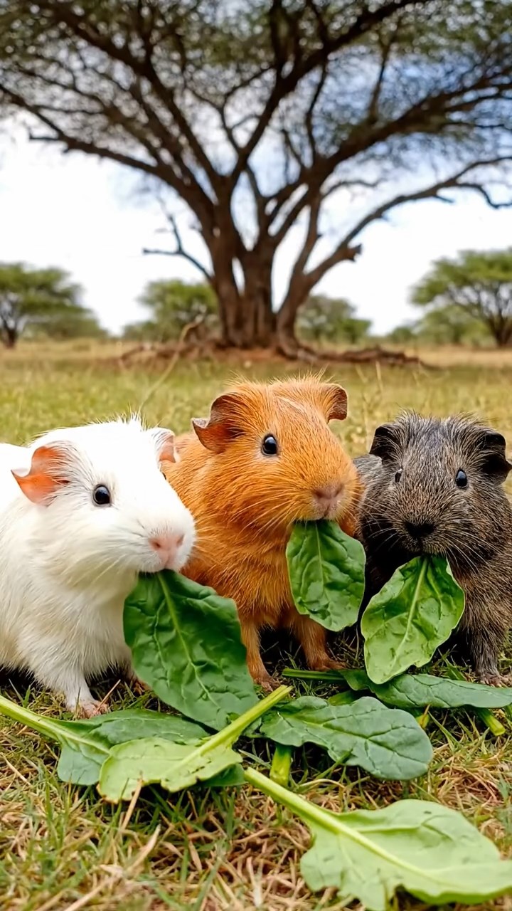 1673. Realistic image of 3 smooth-haired Peruvian guinea pigs with white, orange, and gray fur, munching on spinach leaves, under a shady acacia tree oasis.